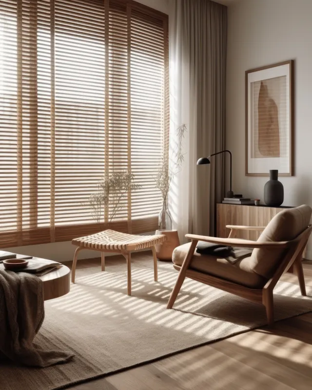 Mid-century lounge chair by sunlit window with woven leather texture and slatted curtains