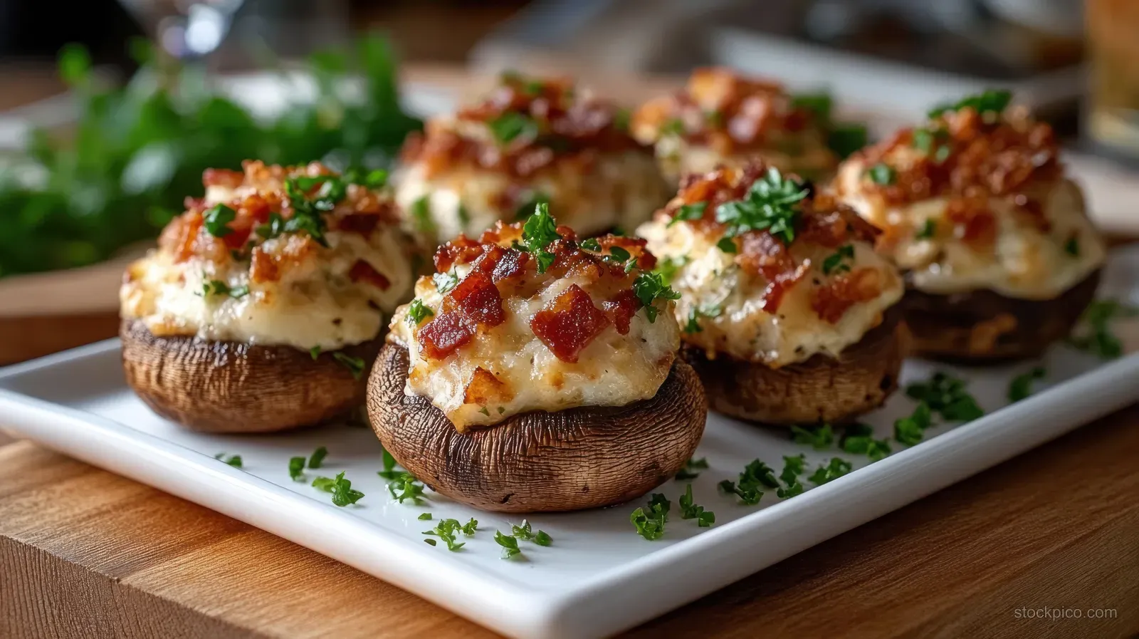 Baked stuffed mushrooms with melted cheese, bacon bits, and parsley on a white plate over a wooden surface.