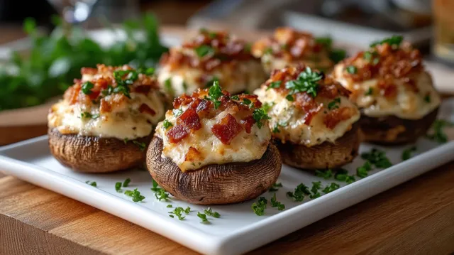 Baked stuffed mushrooms with melted cheese, bacon bits, and parsley on a white plate over a wooden surface.