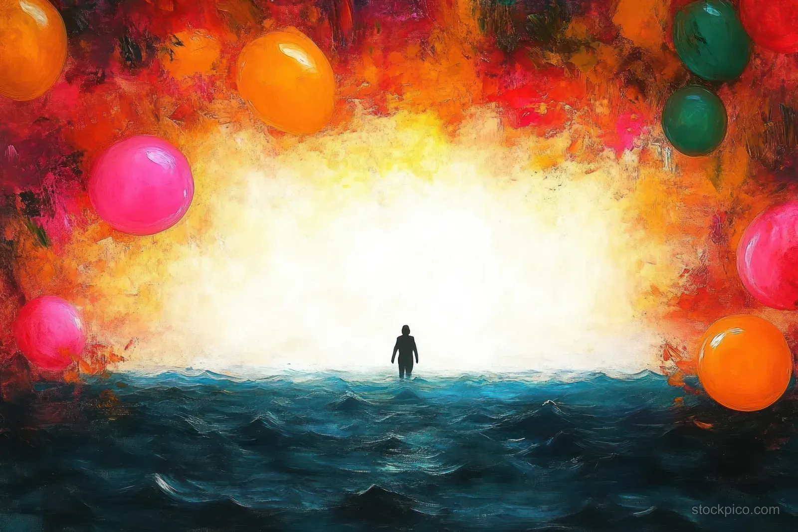 A lone silhouette stands on turbulent ocean as colorful balloons float under a fiery orange-red sky.