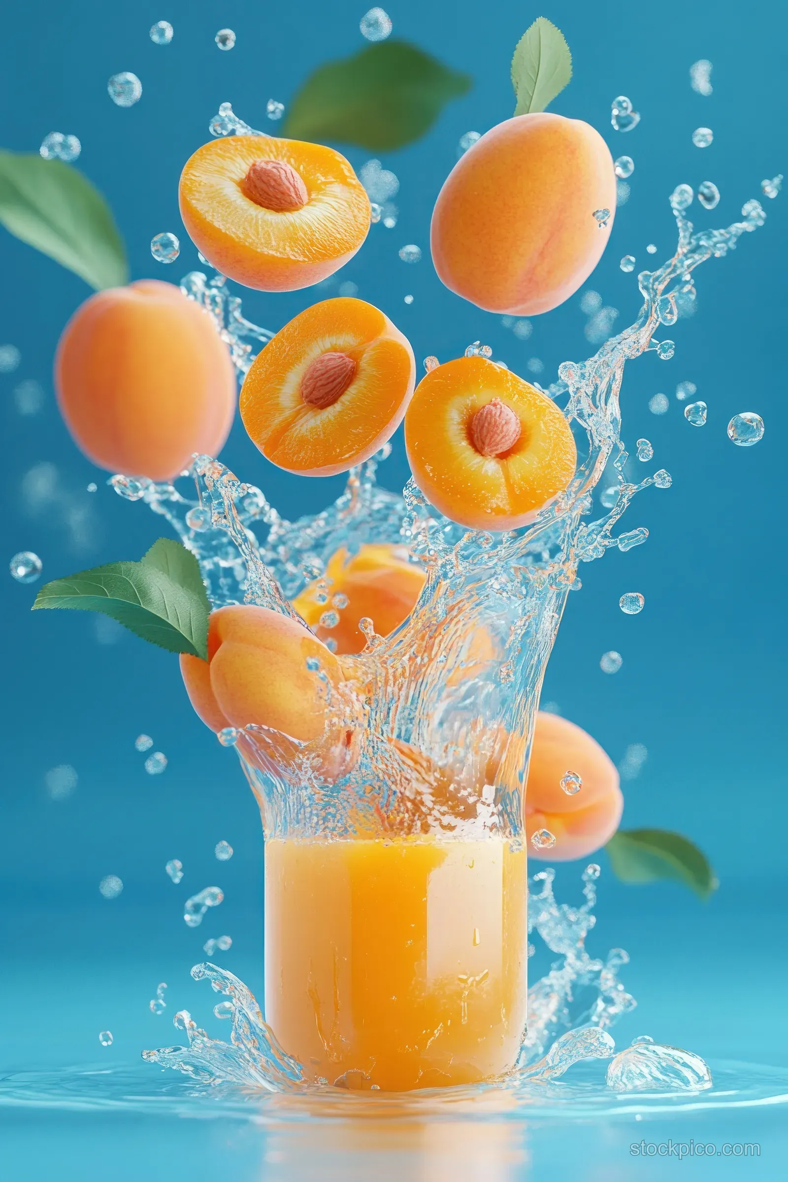 Apricot juice splashes around a glass with whole and sliced apricots floating on a blue background.