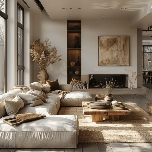 Sunlit living room with a white sofa, wooden coffee table, framed artwork, and a fireplace in view.