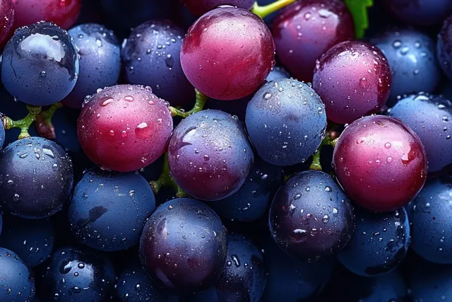 Fresh purple and green grapes covered in water droplets