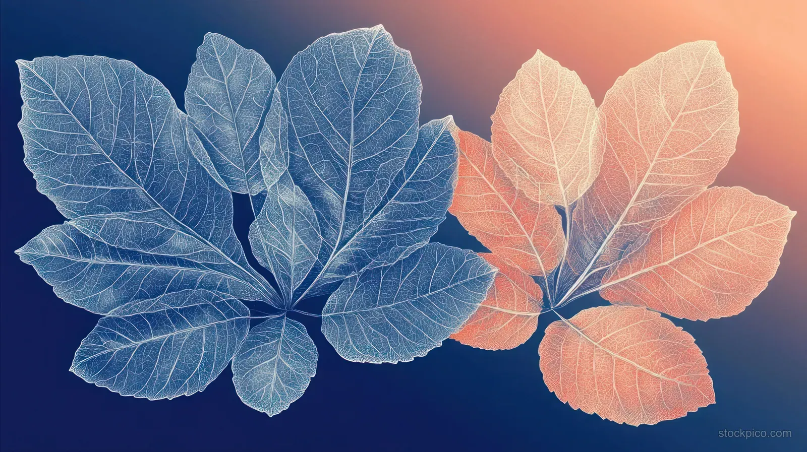 Two leaf skeletons with translucent vein networks arranged against a blue to peach gradient background.