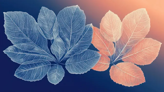Two botanical leaf skeletons spread out, translucent vein patterns on blue-to-peach gradient