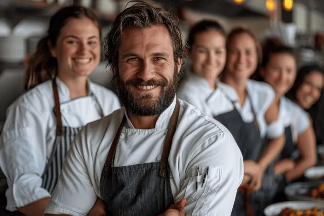 Smiling head chef in a white uniform and apron with a restaurant kitchen team in the background.