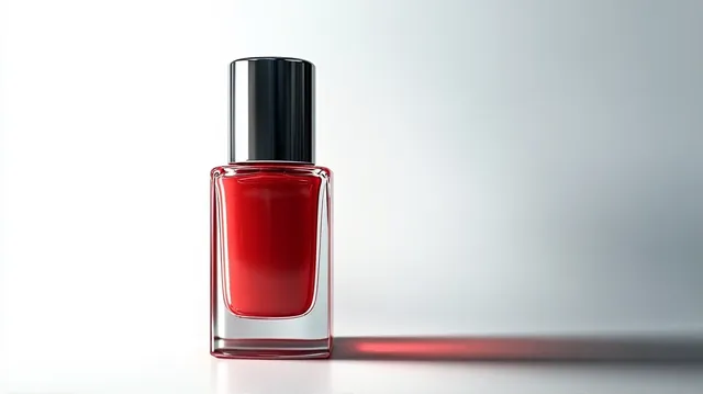 Rectangular glass nail polish bottle with vibrant red polish and glossy black cap on white