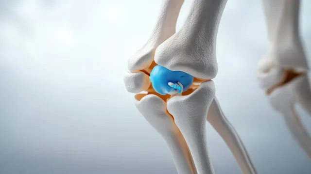 3D knee joint anatomy close-up with highlighted cartilage and meniscus layers on a pale background.