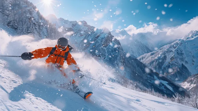 Skier in orange jacket carving downhill, snow spray and sunlit alpine peaks behind