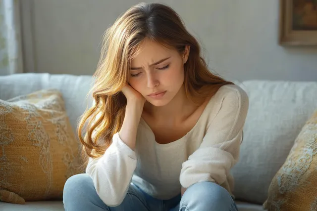 Pregnant woman sits on a couch with hand on belly, looking nauseated and uncomfortable at home.