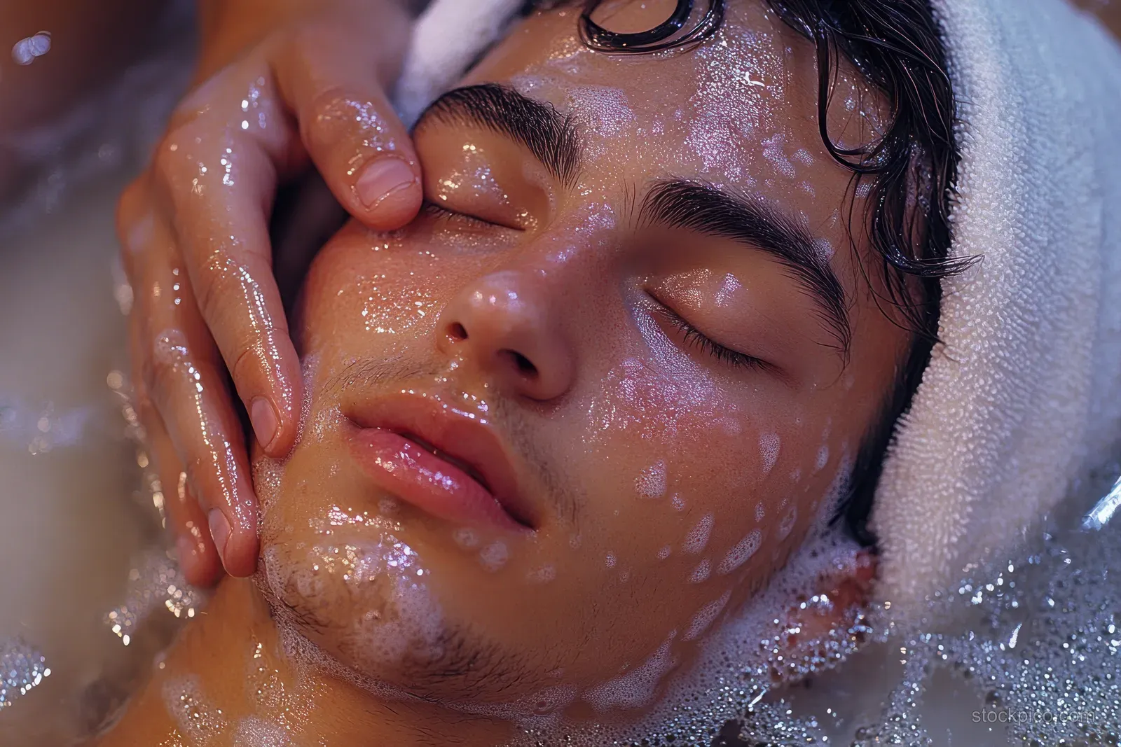 A therapist massages a man’s face with oil in a calm spa setting under warm, soft lighting.