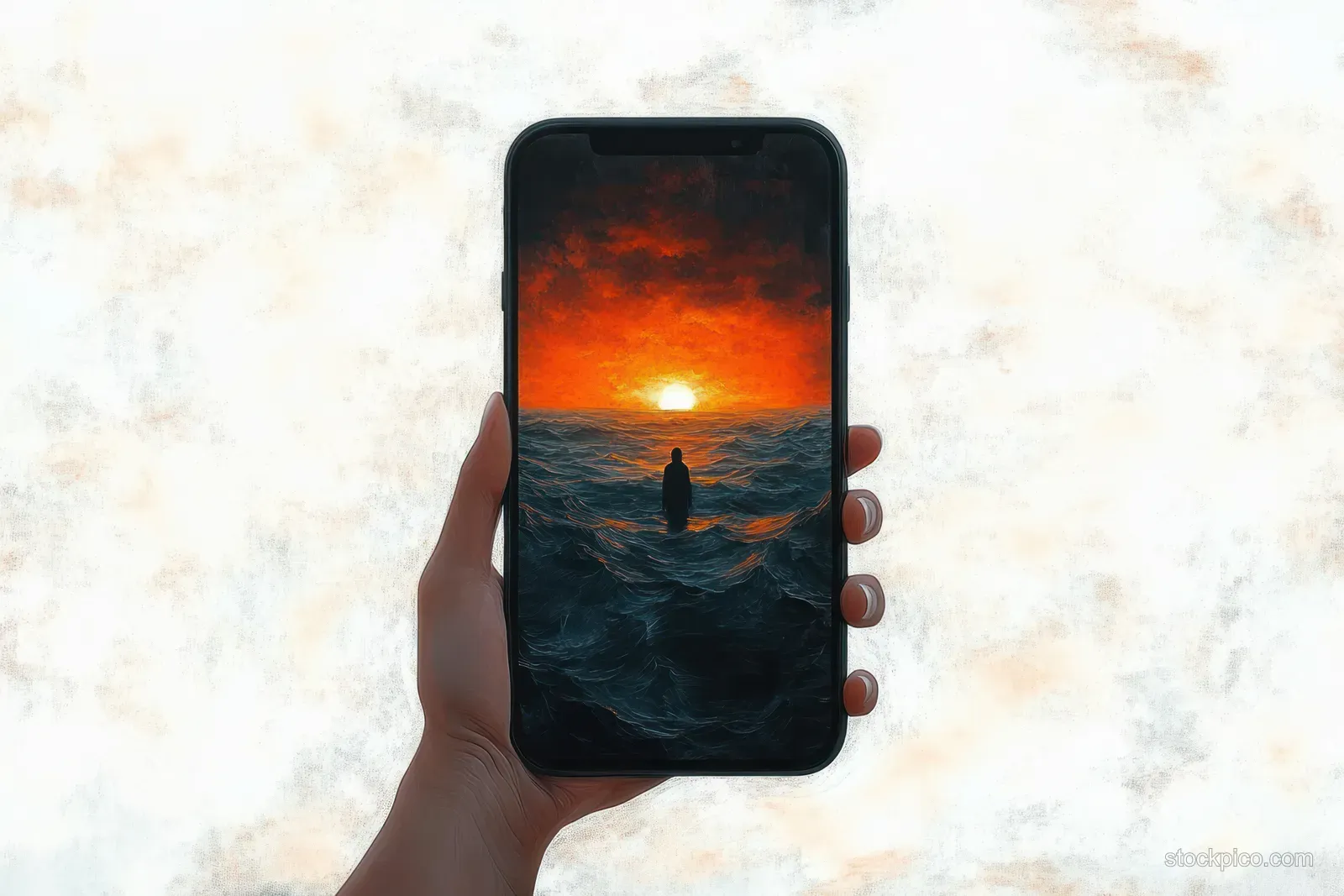 A hand holds a smartphone displaying a lone silhouette facing orange sunset over dark ocean waves.