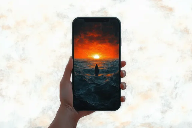 Hand holds smartphone showing lone figure facing a fiery orange sunset over stormy ocean waves