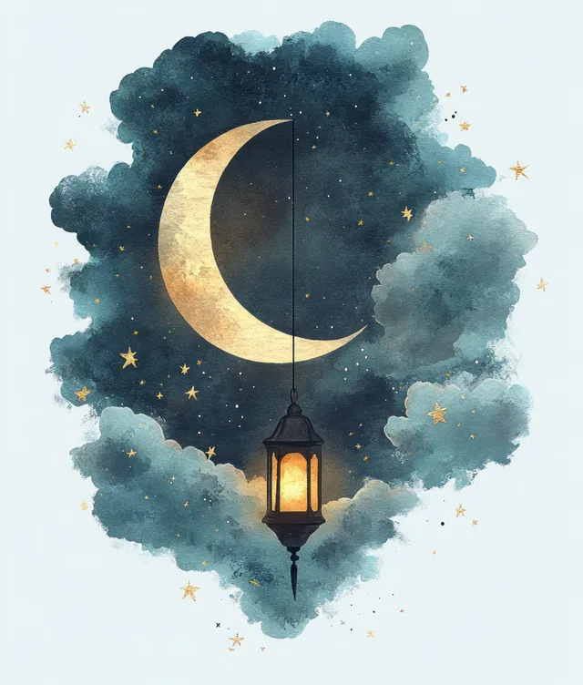 Golden crescent moon and glowing lantern hang within watercolor clouds against a starry night sky.