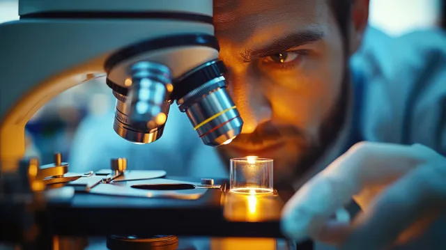 Scientist adjusting microscope in medical lab, close-up with glowing sample under dramatic lighting