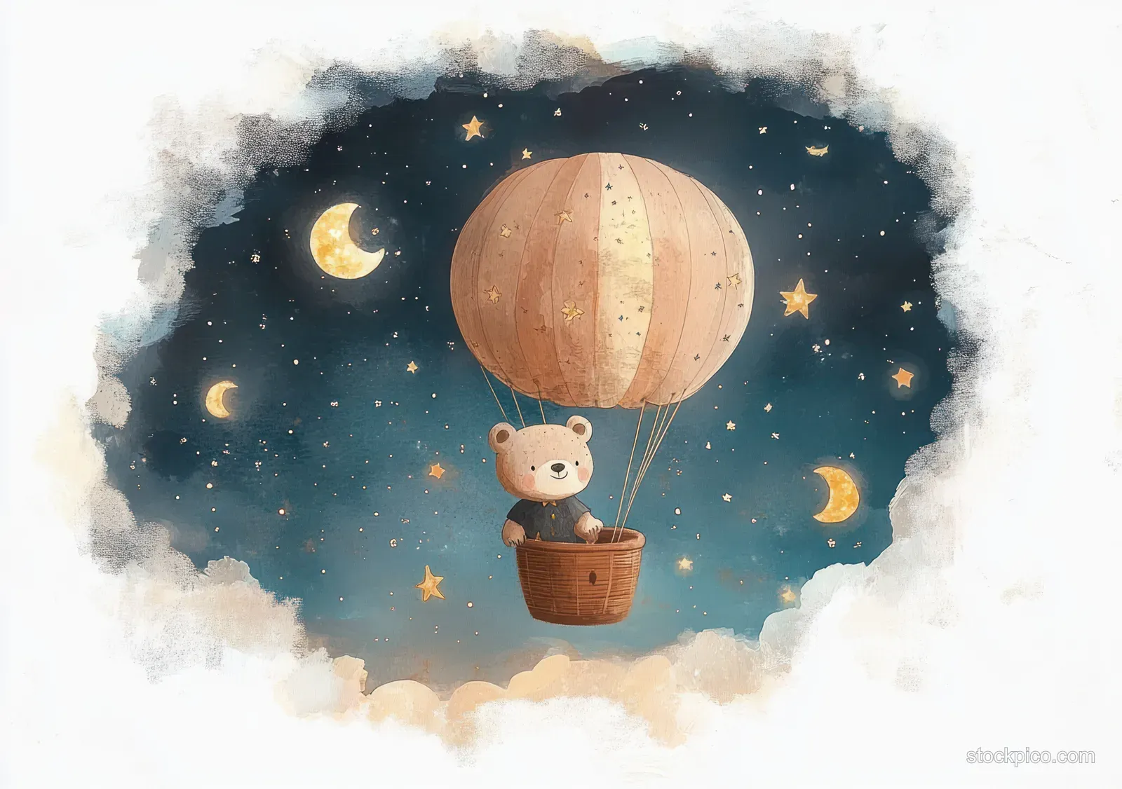 A bear in a small hot air balloon floats above clouds under a starry sky with moons.