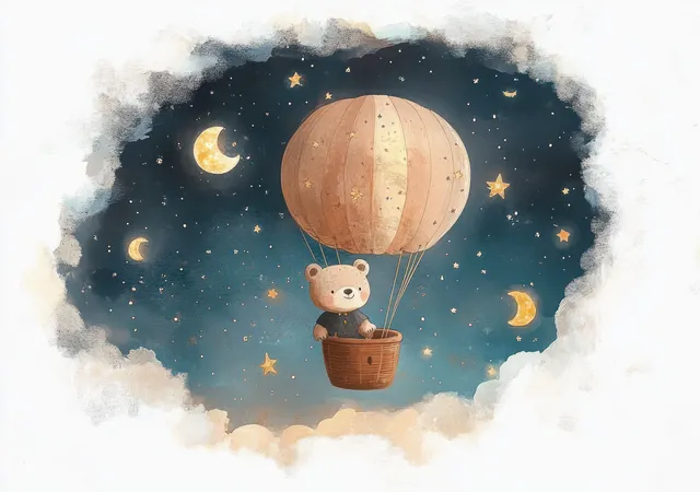 Bear in hot air balloon floating through starry night sky above clouds, watercolor