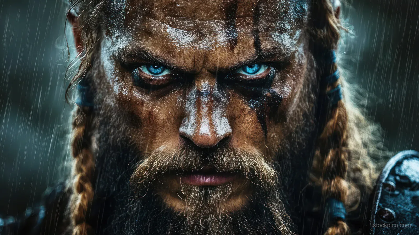 Fierce bearded warrior with face paint and braided hair stares ahead through rain droplets, icy blue eyes visible.