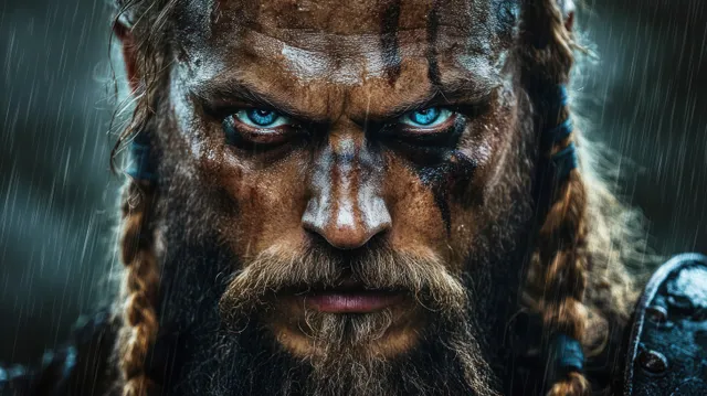 Fierce bearded warrior with face paint and braided hair stares ahead through rain droplets, icy blue eyes visible.
