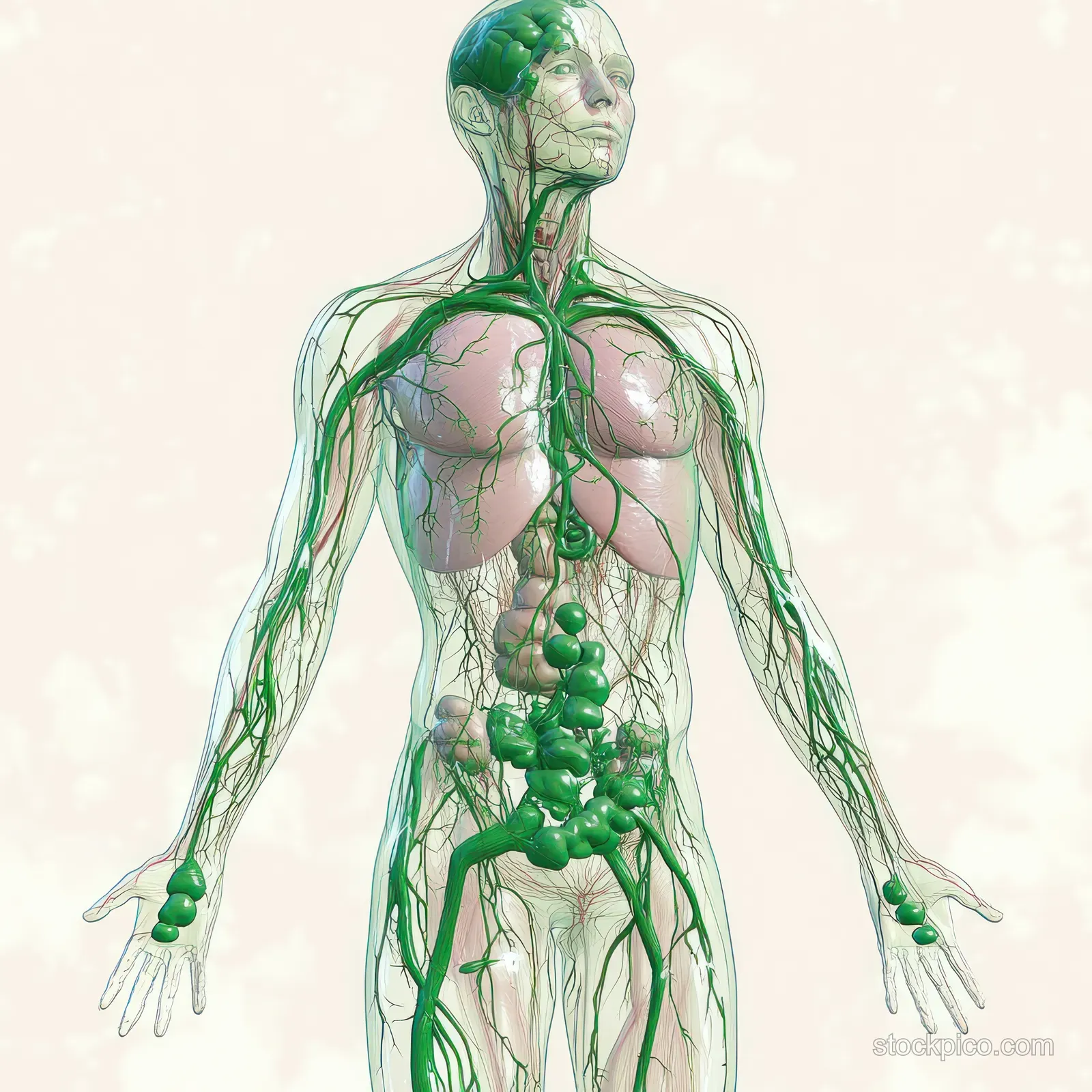 Semi-transparent female torso illustration with vivid green lymphatic vessels and visible lymph node clusters on chest and abdomen.