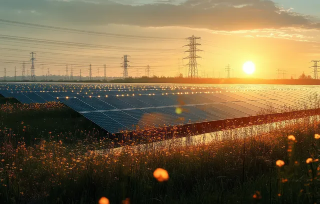 Solar panels reflecting golden sunset light over wildflower field with electricity pylons beyond