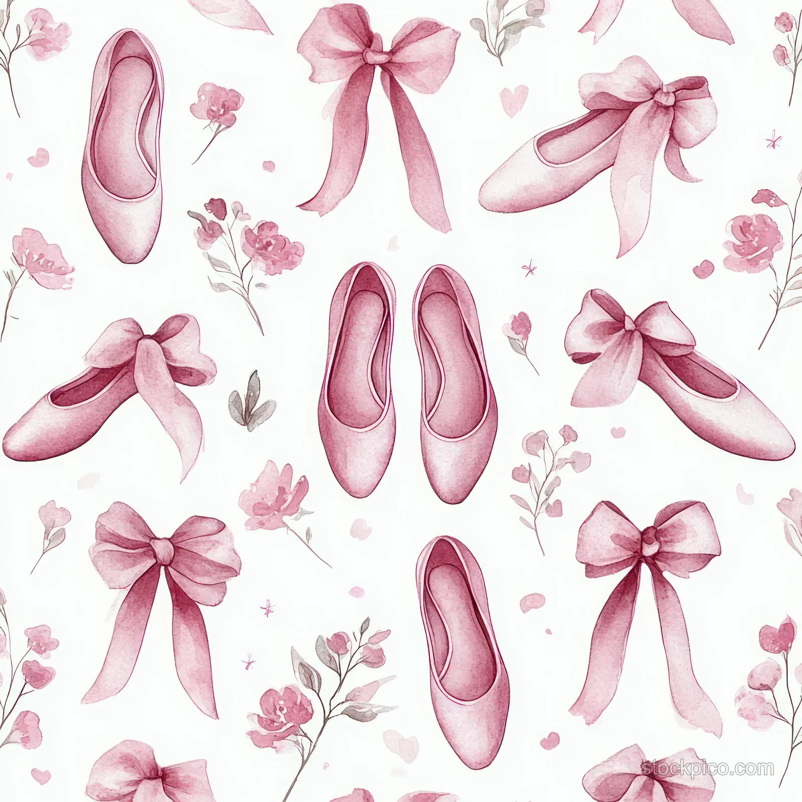 Seamless watercolor pattern of pink ballet slippers with ribbon bows and small flowers on a pale background.