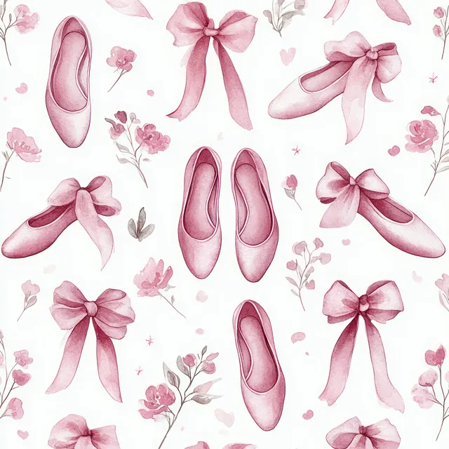 Seamless watercolor pattern of pink ballet slippers with ribbon bows and small flowers on a pale background.