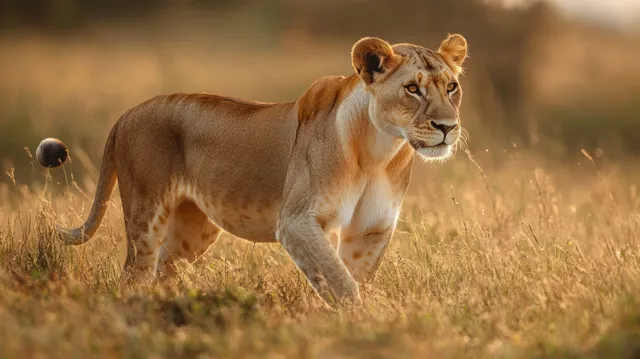 A lioness walks alert through golden grass at sunset, lit by warm soft light and shown in sharp focus.