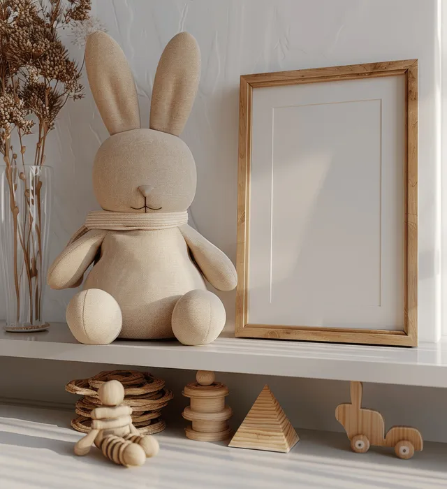 Wooden toy rabbit sits on a nursery shelf beside a blank minimalist picture frame and a small pyramid stack.