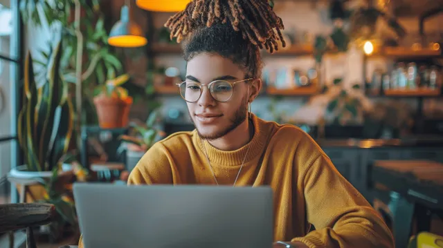 Smiling young woman works on a laptop at a desk in a cozy home space with plants in the background.