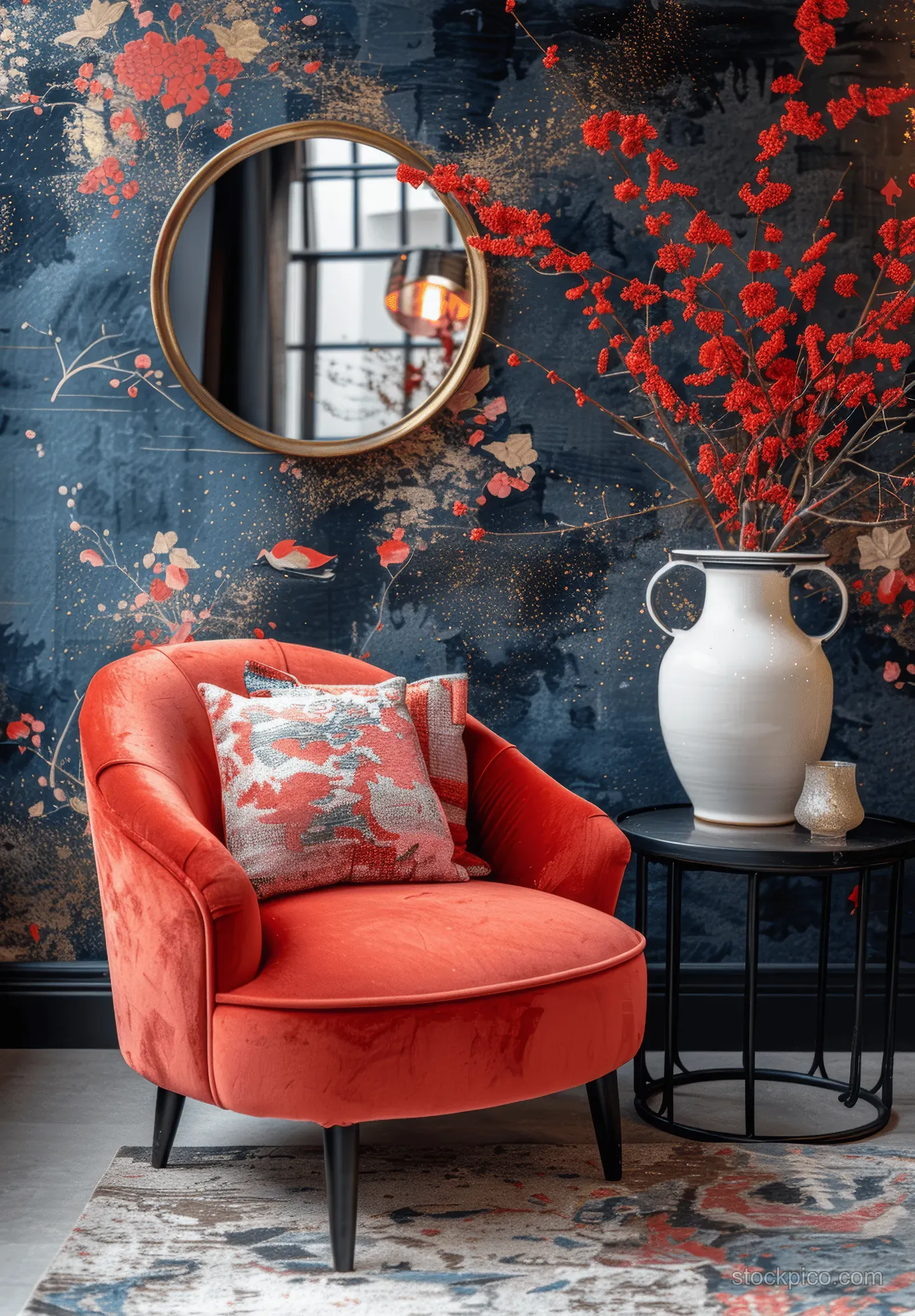 Coral velvet armchair in front of a round wall mirror, with a blue textured wall, gold accents, and a white vase on a small table.