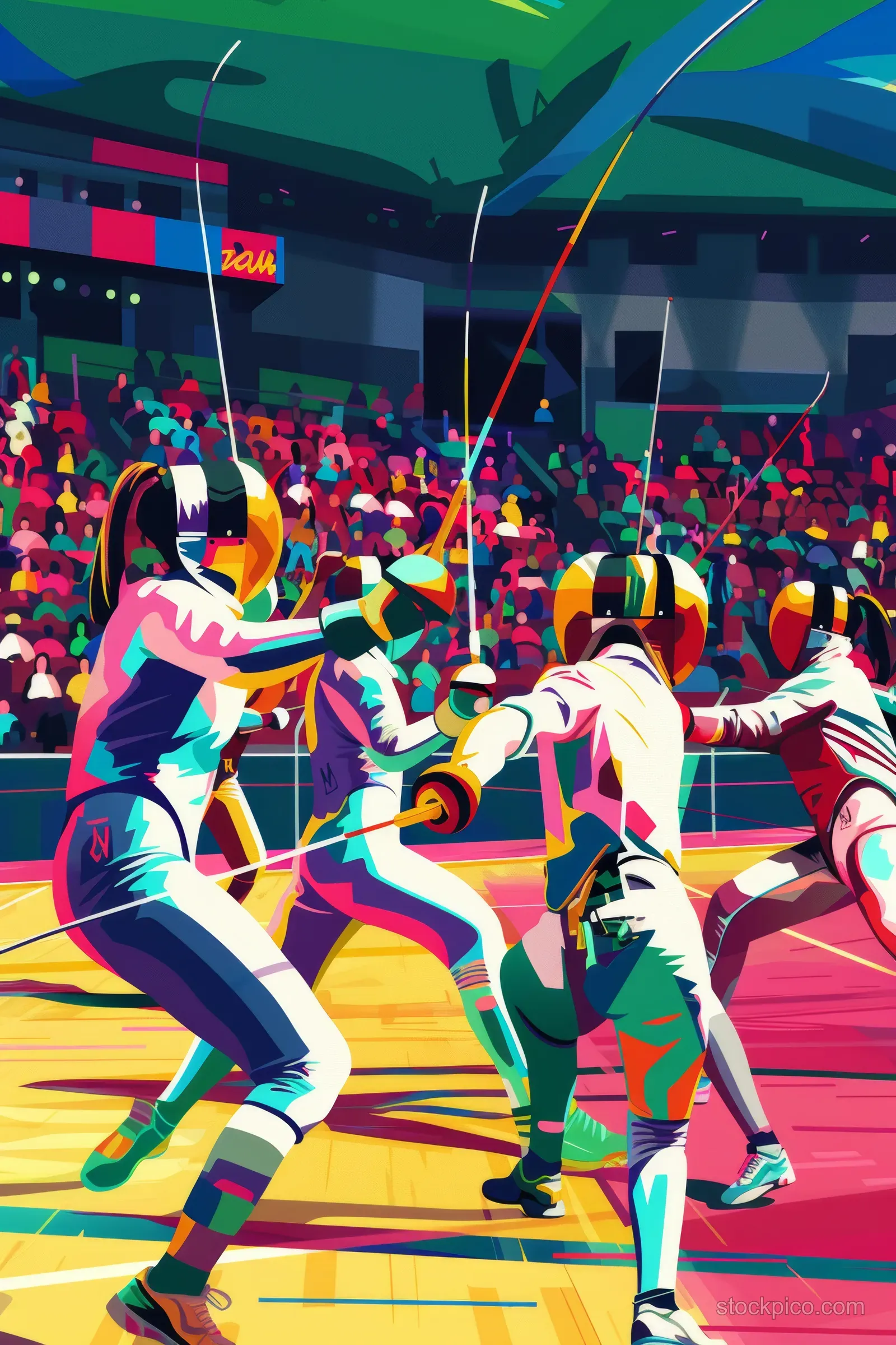 Women in foil fencing gear lunge on a striped piste while a cheering crowd fills a bright stadium.