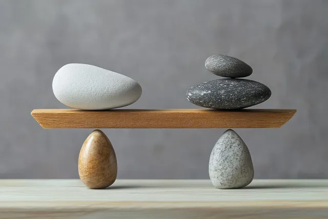 Stone seesaw balancing zen rocks on wooden beam with calm gray background