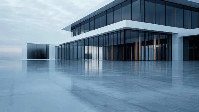 Minimalist futuristic white glass building with sharp corners and dark window bands, reflected on a flat misty surface.