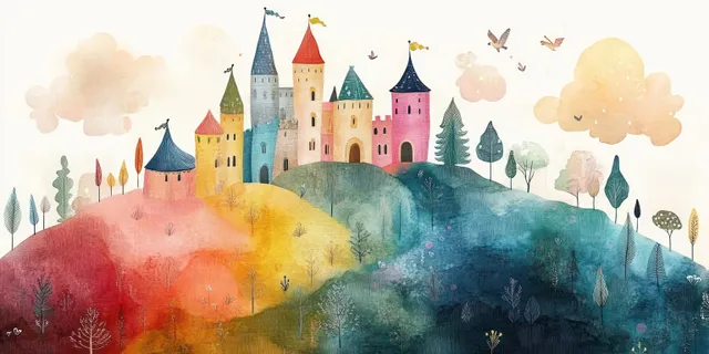 Whimsical watercolor castle on rolling hills above a winding path in a dreamy forest