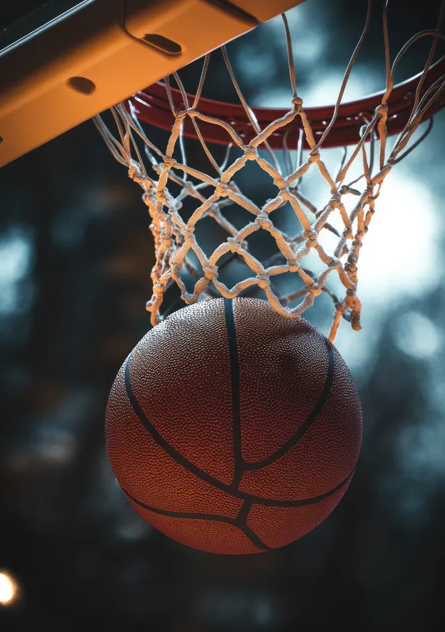 Basketball passes through an outdoor hoop net at dusk with the rim and net clearly visible.
