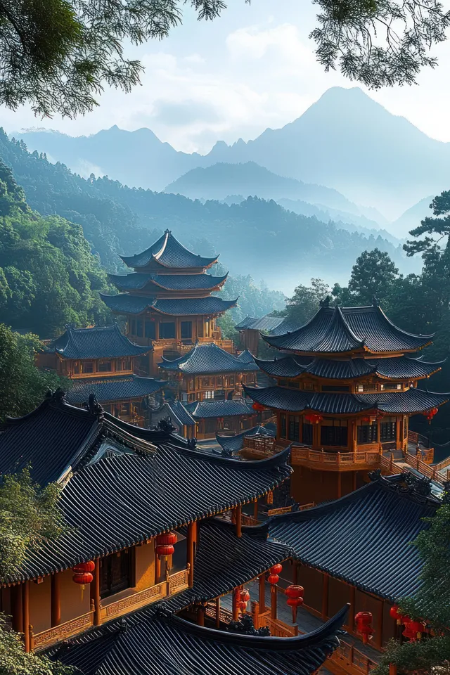 Traditional wooden pagoda buildings with red lanterns sit among lush trees as misty mountains fade in the background.