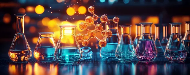 Laboratory glassware with colored liquids and molecular model hovering above glowing experiment setup