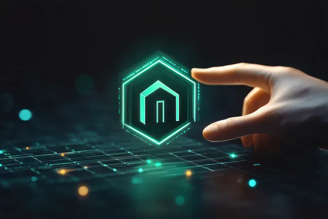 Human hand reaches toward a glowing hexagonal home icon over a dark digital network grid.
