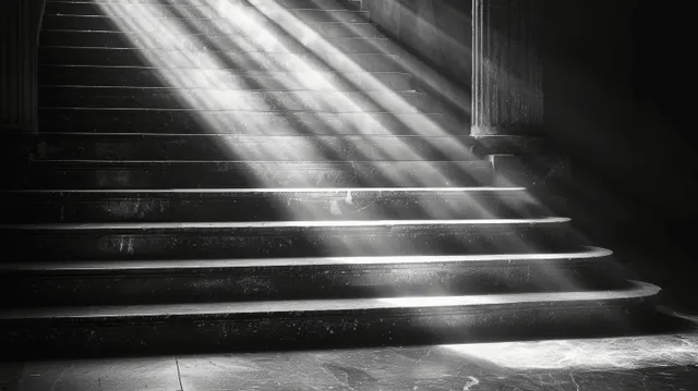 Monochrome staircase in a dim old house with bright sunbeams casting striped shadows on the steps.