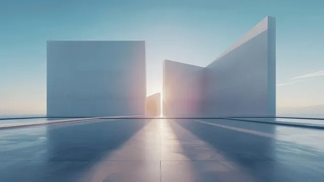 Three futuristic glass buildings stand around a concrete floor corridor with sunrise light and reflections.