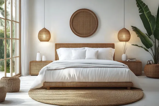 Minimalist bedroom interior showing a rattan bed with white linens under warm pendant lights in natural daylight.