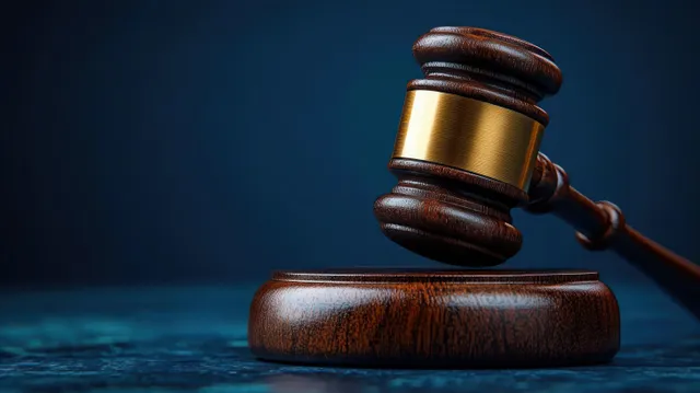 Close-up wooden judge gavel with brass band resting on sound block on dark blue