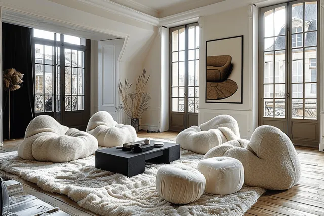 Fluffy cream lounge chairs and a black coffee table sit in a bright minimalist living room beneath arched windows.
