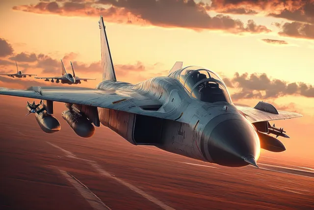 Three armed fighter jets fly in close formation at sunset with missiles and bombs under the wings.