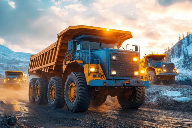 A yellow mining dump truck drives on a dusty dirt road at sunset with snow patches on the mountains.
