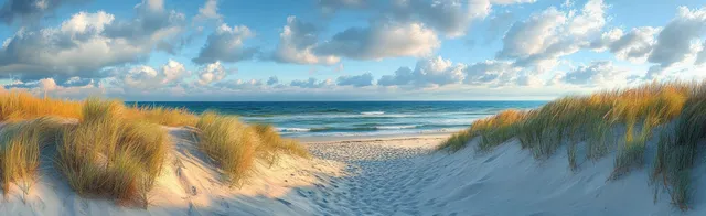 Sandy dunes with sea grasses and gentle North Sea waves meet the horizon beneath soft cloudy skies.