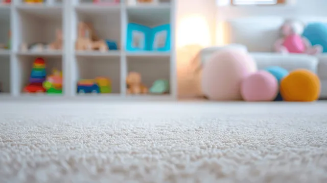 White carpet foreground with colorful toy shelf and pastel balls in a bright children’s playroom.