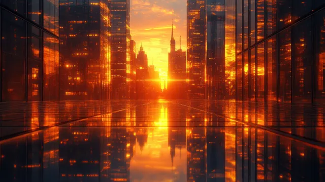 Dawn skyline with empty wet road reflecting illuminated glass skyscrapers and a glowing sun at the center.