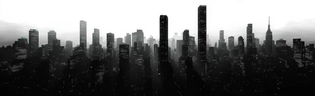 Monochrome futuristic skyscraper skyline with dramatic backlighting, silhouetted towers, and deep shadows.